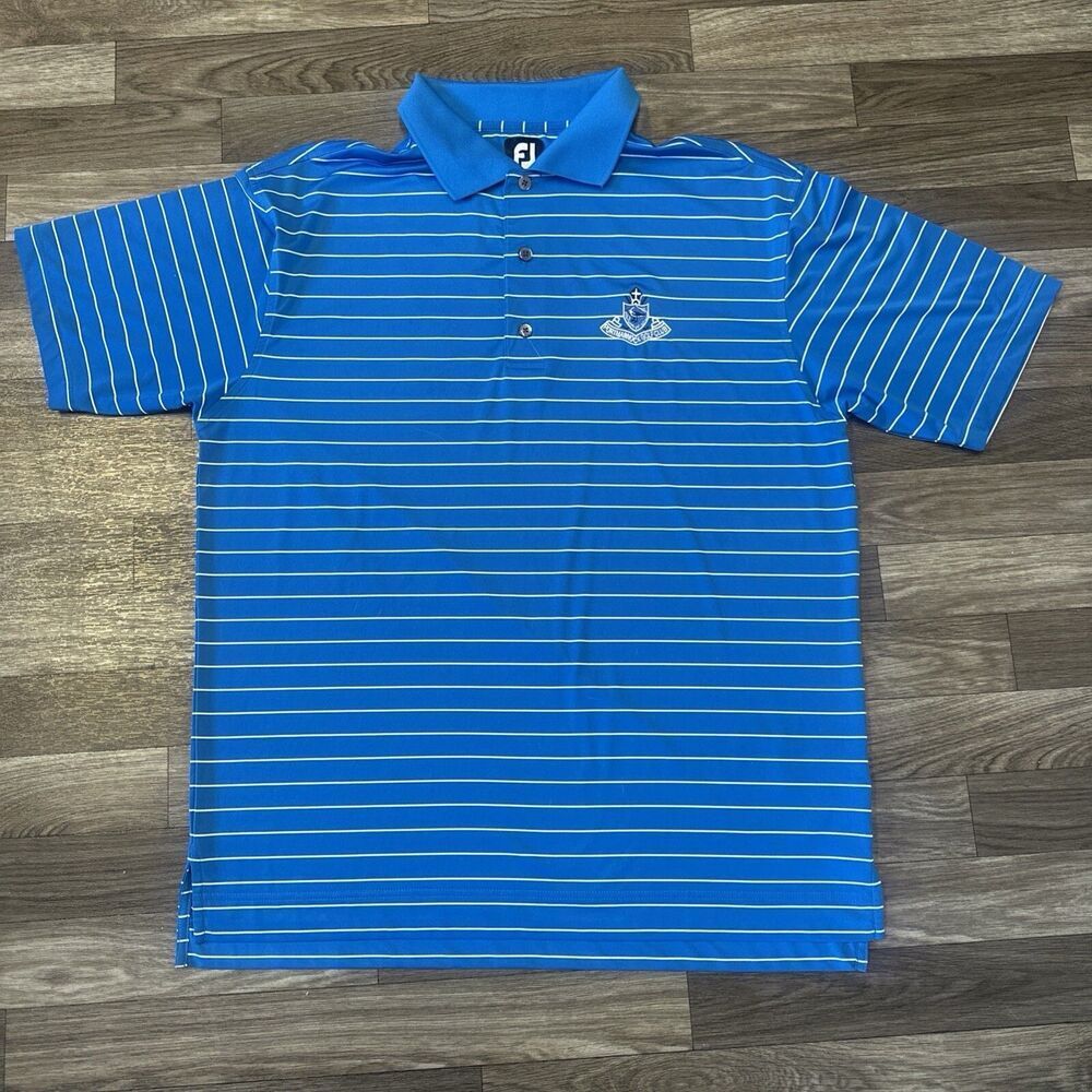 Footjoy Golf Athletic Polo Shirt Men’s Large Blue White Striped Stretchy Dri-Fit
